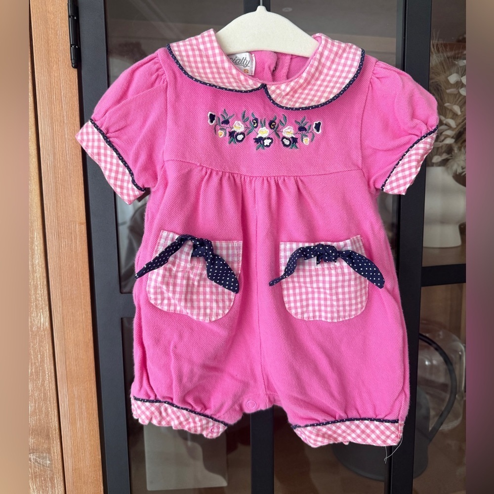 Vintage 90s Romper bubble shortall baby girl embroidered navy bows gingham